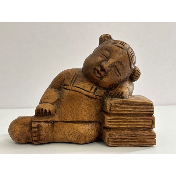 Other - Vintage Wooden Sleeping Asian Child Resting on Books Lucky Charm Oriental Decor